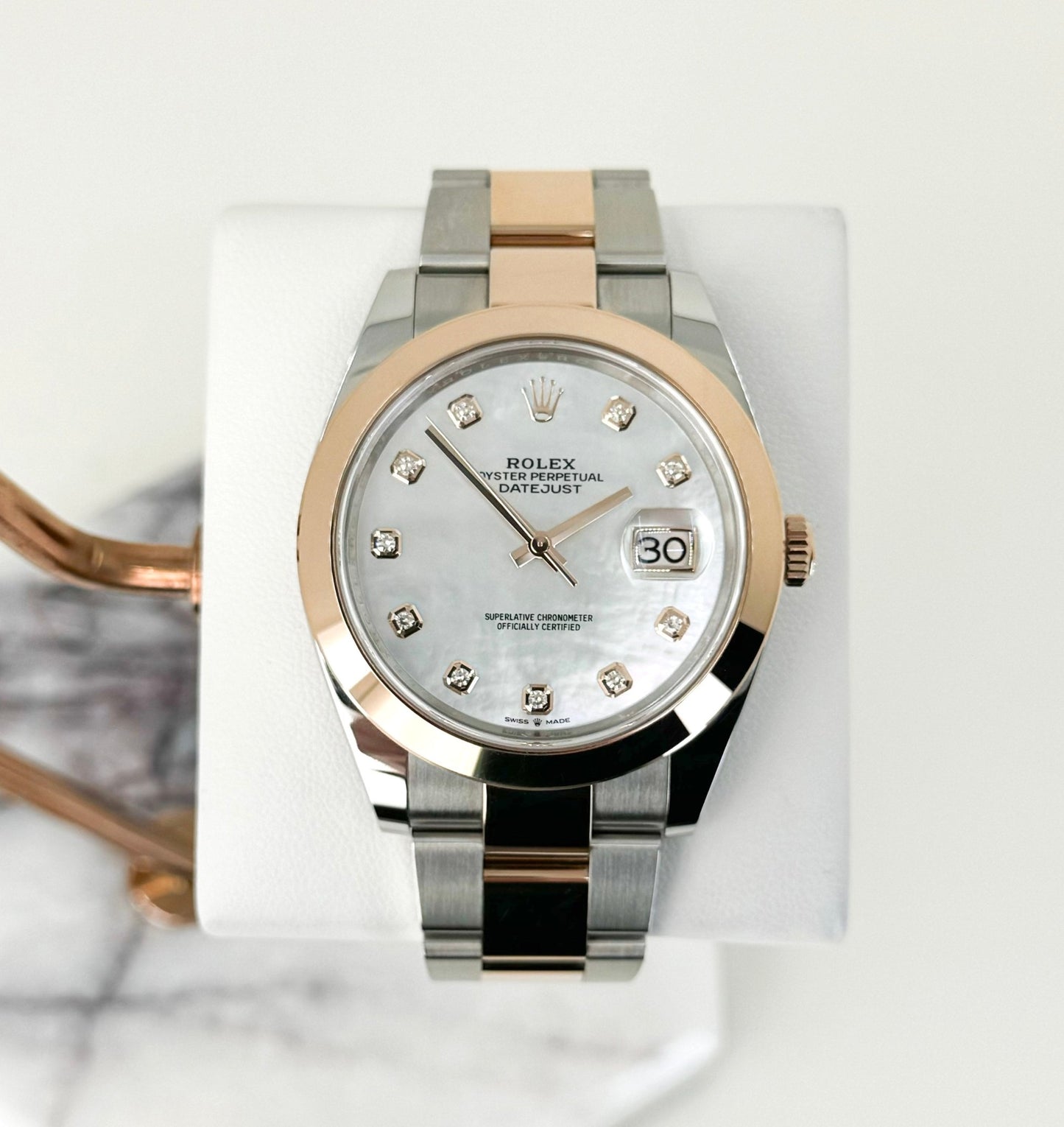 Rolex Datejust 41 Rose Gold/Steel White Mother of Pearl Diamond Dial Smooth Bezel Oyster Bracelet 126301 - Luxury Time NYC