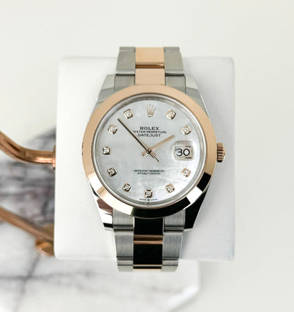 Rolex Datejust 41 Rose Gold/Steel White Mother of Pearl Diamond Dial Smooth Bezel Oyster Bracelet 126301 - Luxury Time NYC