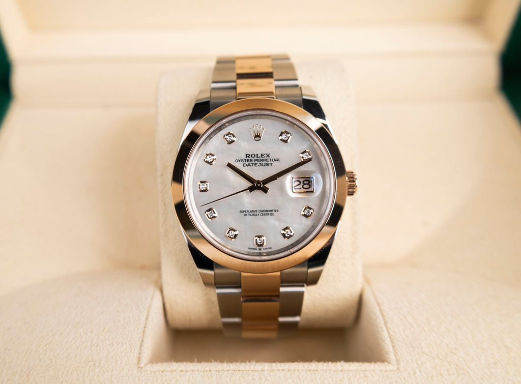Rolex Datejust 41 Rose Gold/Steel White Mother of Pearl Diamond Dial Smooth Bezel Oyster Bracelet 126301 - Luxury Time NYC