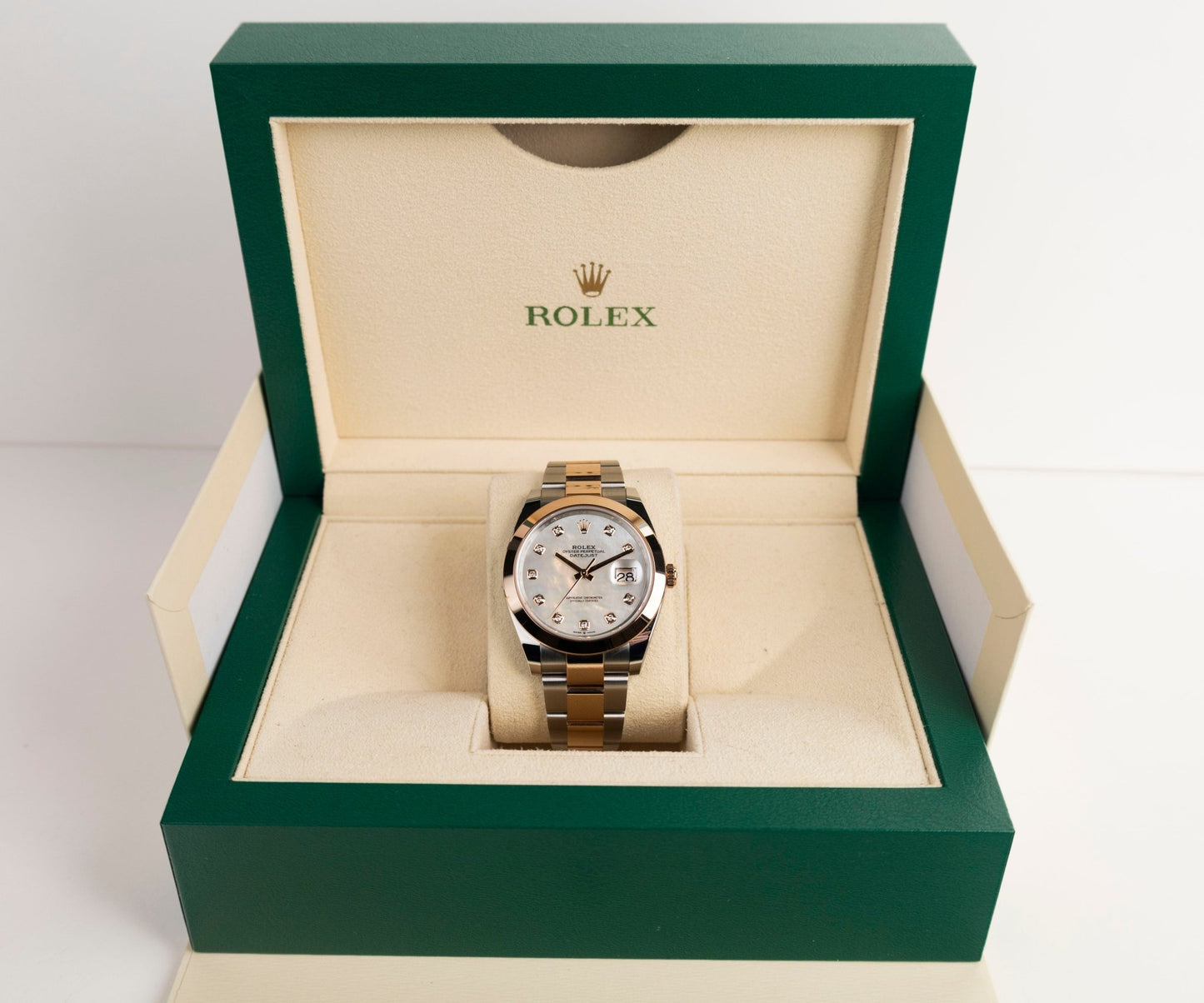 Rolex Datejust 41 Rose Gold/Steel White Mother of Pearl Diamond Dial Smooth Bezel Oyster Bracelet 126301 - Luxury Time NYC