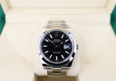 Rolex Datejust 41 Stainless Steel Black Index Dial Smooth Bezel Oyster Bracelet 126300 - Luxury Time NYC