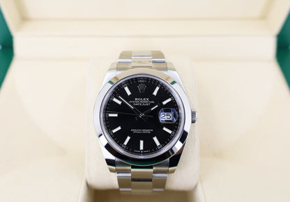 Rolex Datejust 41 Stainless Steel Black Index Dial Smooth Bezel Oyster Bracelet 126300 - Luxury Time NYC