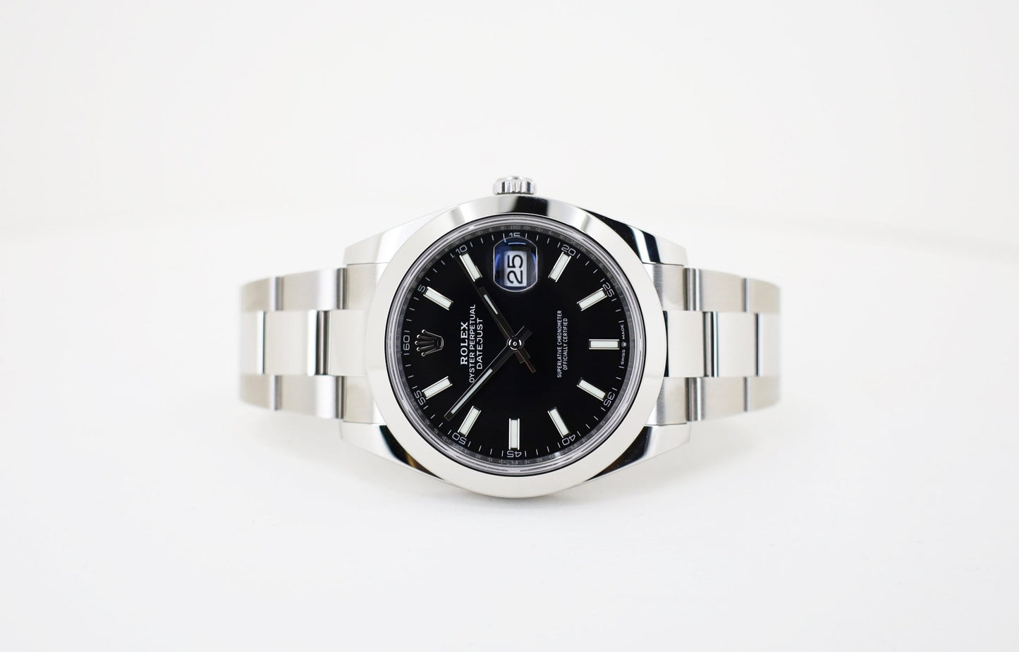Rolex Datejust 41 Stainless Steel Black Index Dial Smooth Bezel Oyster Bracelet 126300 - Luxury Time NYC