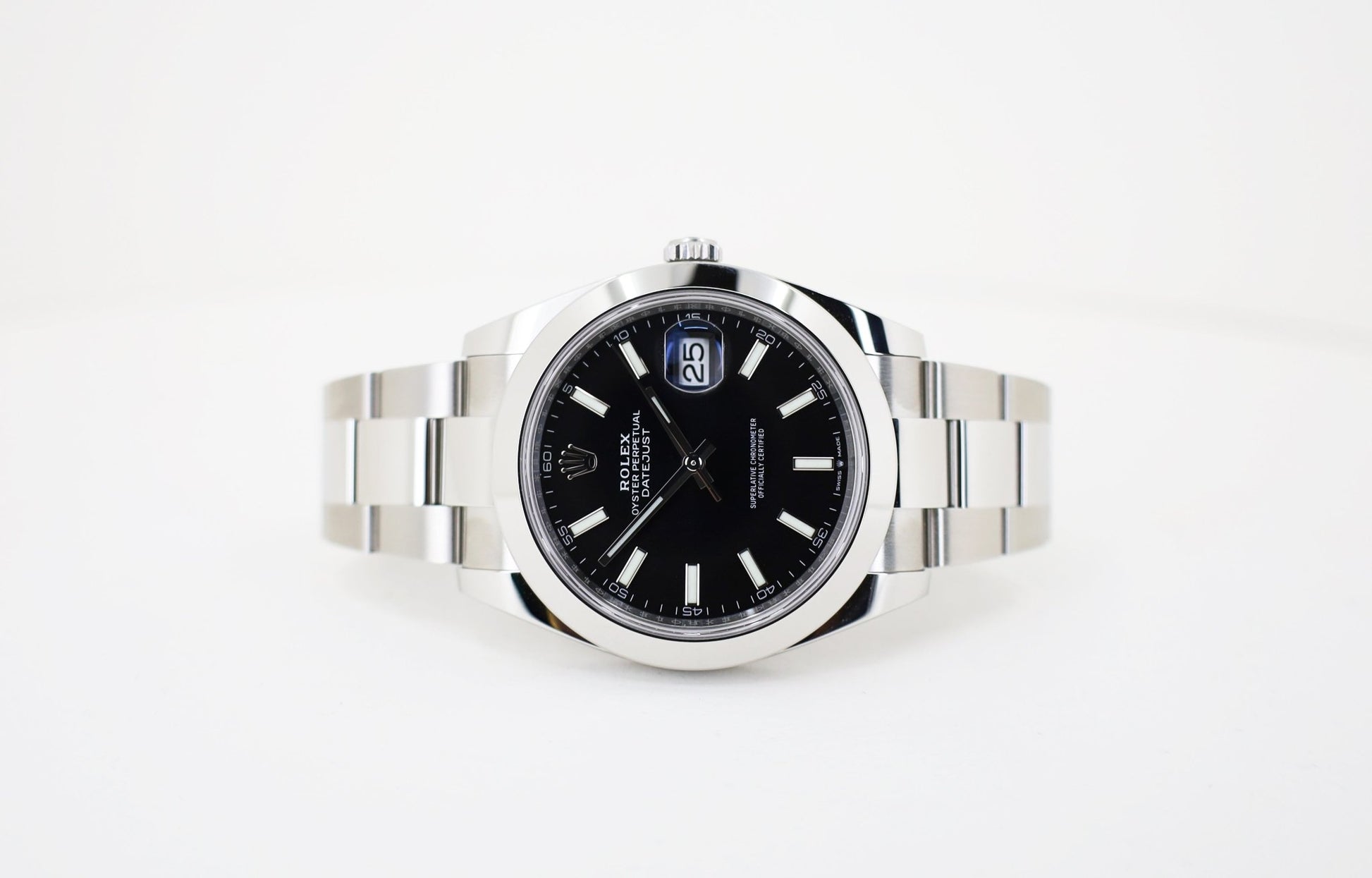 Rolex Datejust 41 Stainless Steel Black Index Dial Smooth Bezel Oyster Bracelet 126300 - Luxury Time NYC
