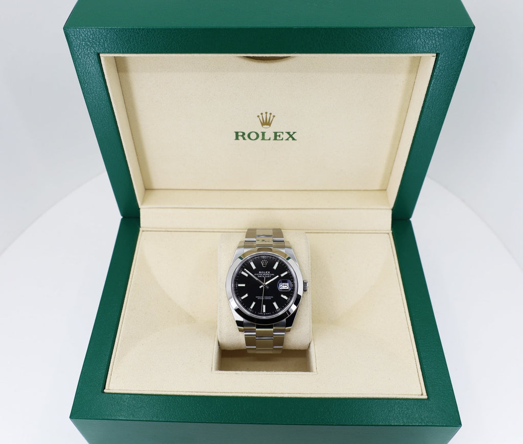 Rolex Datejust 41 Stainless Steel Black Index Dial Smooth Bezel Oyster Bracelet 126300 - Luxury Time NYC
