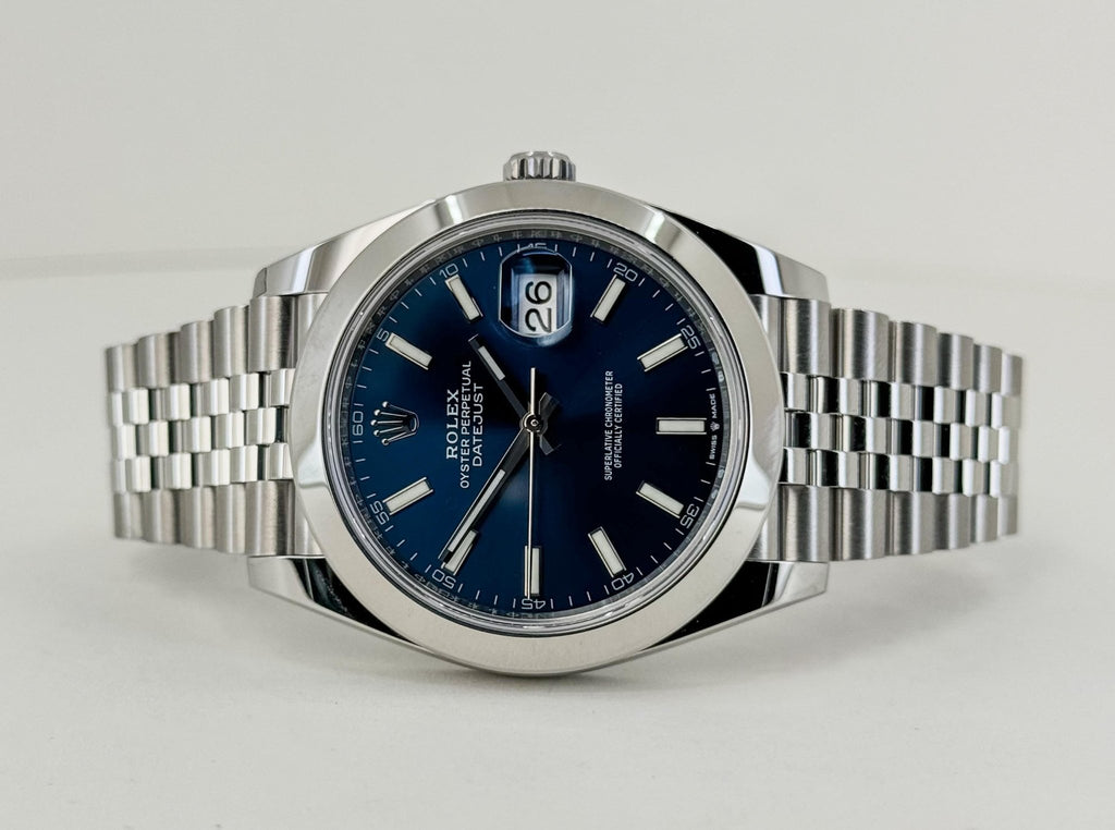 Rolex Datejust 41 Stainless Steel Blue Index Dial Smooth Bezel Jubilee Bracelet 126300 - Luxury Time NYC