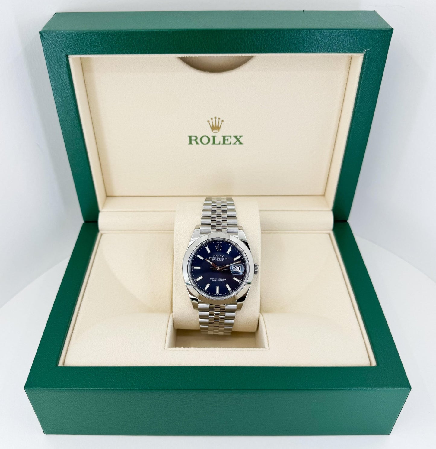 Rolex Datejust 41 Stainless Steel Blue Index Dial Smooth Bezel Jubilee Bracelet 126300 - Luxury Time NYC