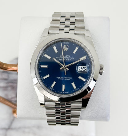 Rolex Datejust 41 Stainless Steel Blue Index Dial Smooth Bezel Jubilee Bracelet 126300 - Luxury Time NYC