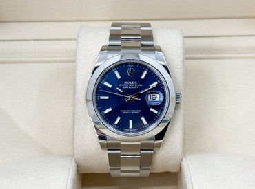 Rolex Datejust 41 Stainless Steel Blue Index Dial Smooth Bezel Oyster Bracelet 126300 - Luxury Time NYC