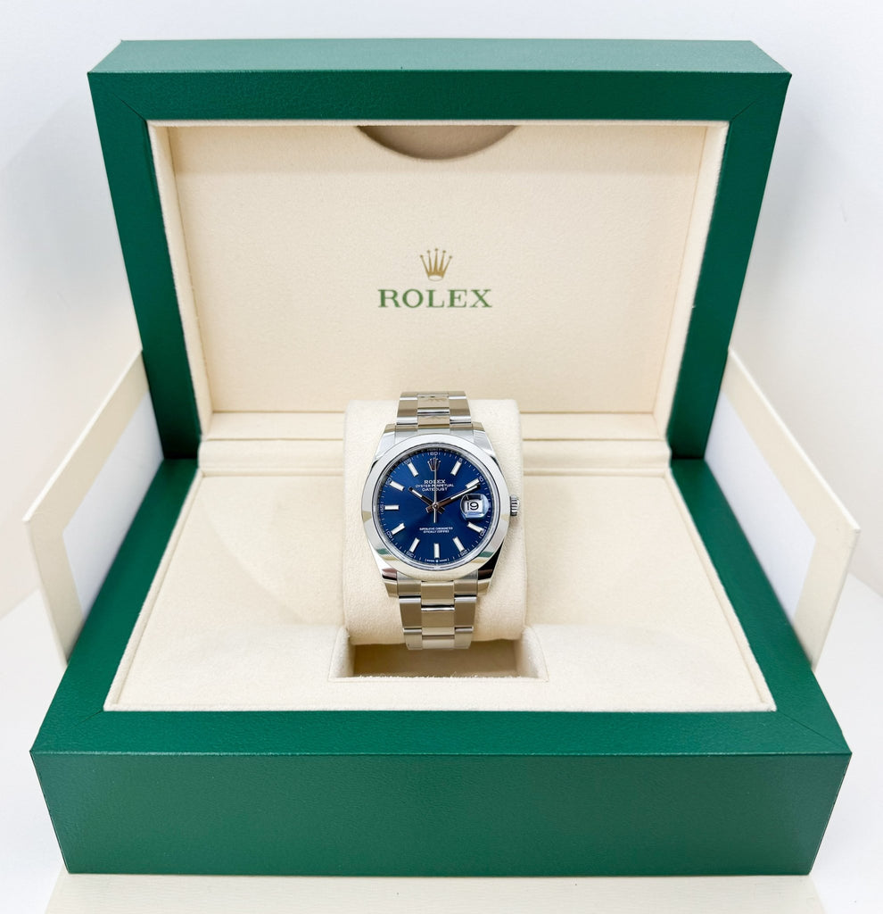 Rolex Datejust 41 Stainless Steel Blue Index Dial Smooth Bezel Oyster Bracelet 126300 - Luxury Time NYC
