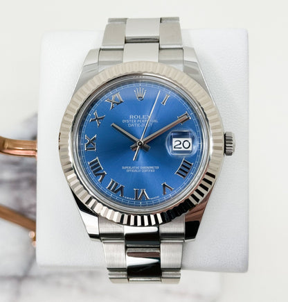 Rolex Datejust 41 Stainless Steel Blue Roman Dial Fluted Bezel Oyster Bracelet - 116334 BLURFO - Luxury Time NYC