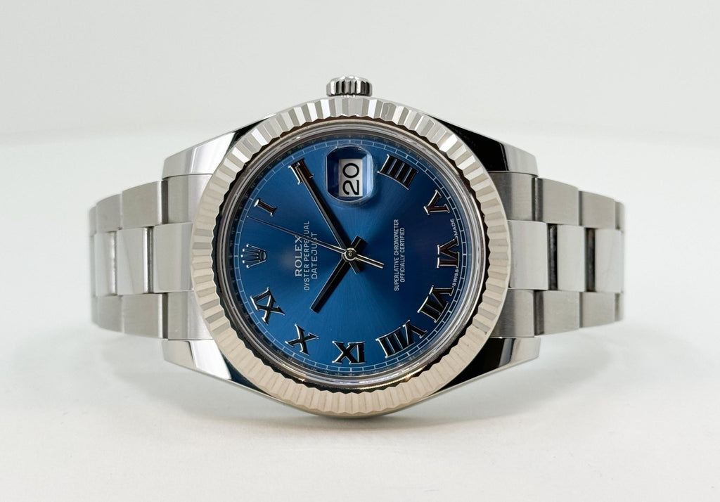 Rolex Datejust 41 Stainless Steel Blue Roman Dial Fluted Bezel Oyster Bracelet - 116334 BLURFO - Luxury Time NYC