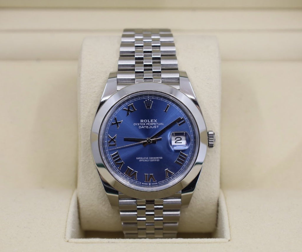 Rolex Datejust 41 Stainless Steel Blue Roman Dial Smooth Bezel Jubilee Bracelet 126300 - Luxury Time NYC INC
