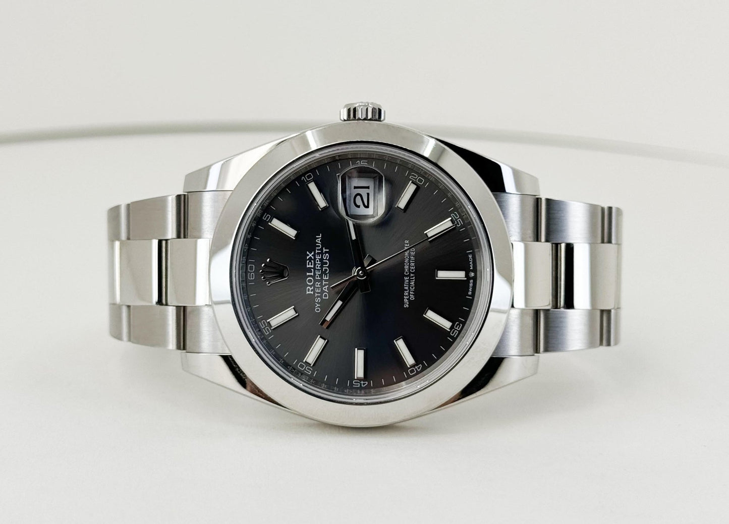 Rolex Datejust 41 Stainless Steel Dark Rhodium Index Dial Smooth Bezel Oyster Bracelet 126300 - Luxury Time NYC