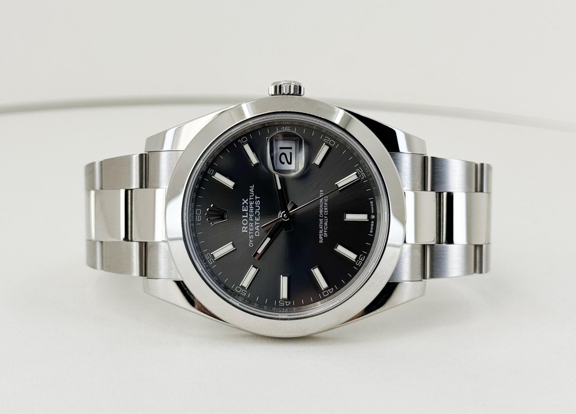 Rolex Datejust 41 Stainless Steel Dark Rhodium Index Dial Smooth Bezel Oyster Bracelet 126300 - Luxury Time NYC