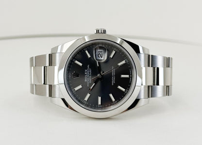 Rolex Datejust 41 Stainless Steel Dark Rhodium Index Dial Smooth Bezel Oyster Bracelet 126300 - Luxury Time NYC
