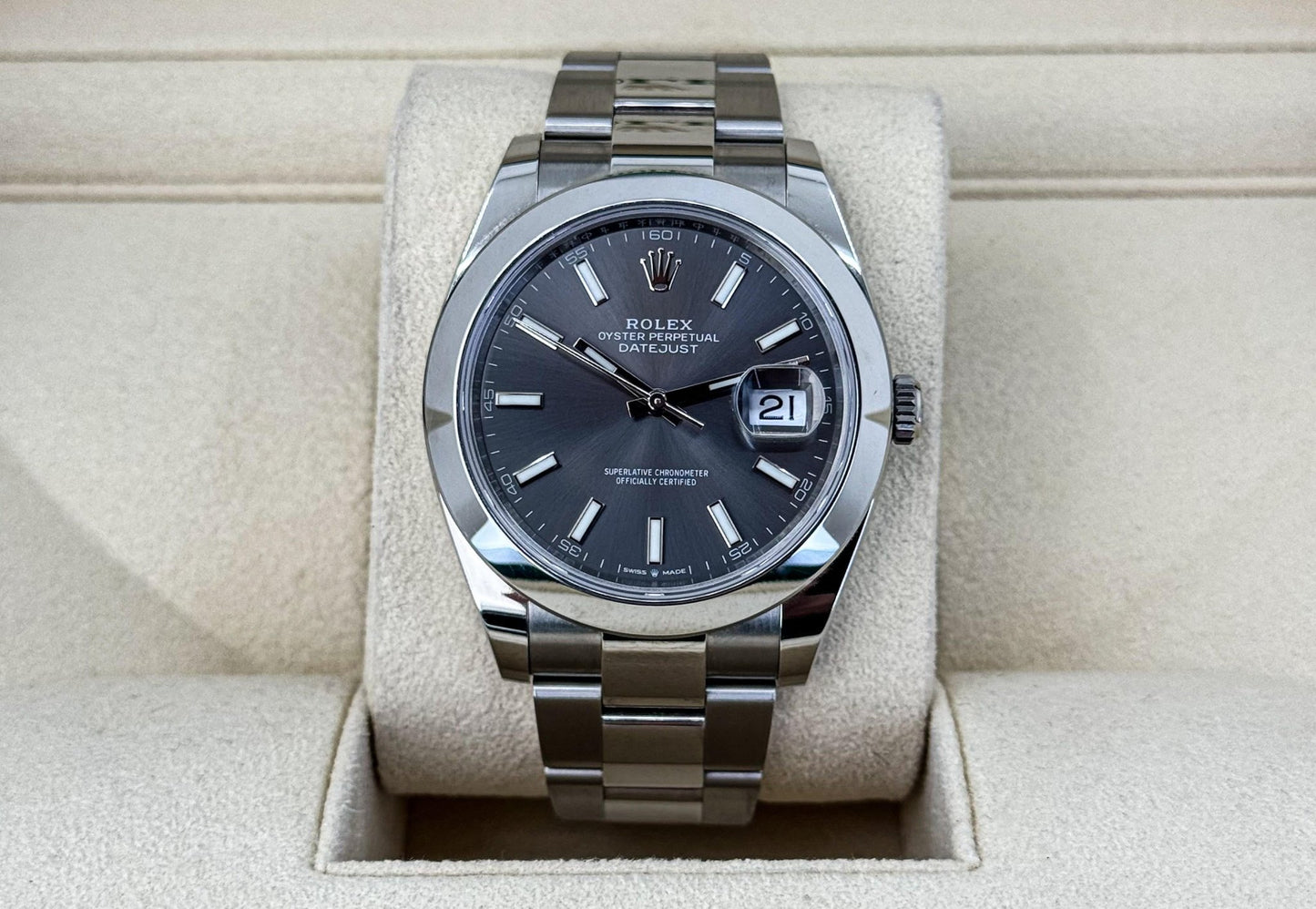 Rolex Datejust 41 Stainless Steel Dark Rhodium Index Dial Smooth Bezel Oyster Bracelet 126300 - Luxury Time NYC