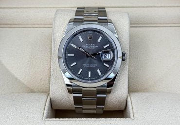 Rolex Datejust 41 Stainless Steel Dark Rhodium Index Dial Smooth Bezel Oyster Bracelet 126300 - Luxury Time NYC