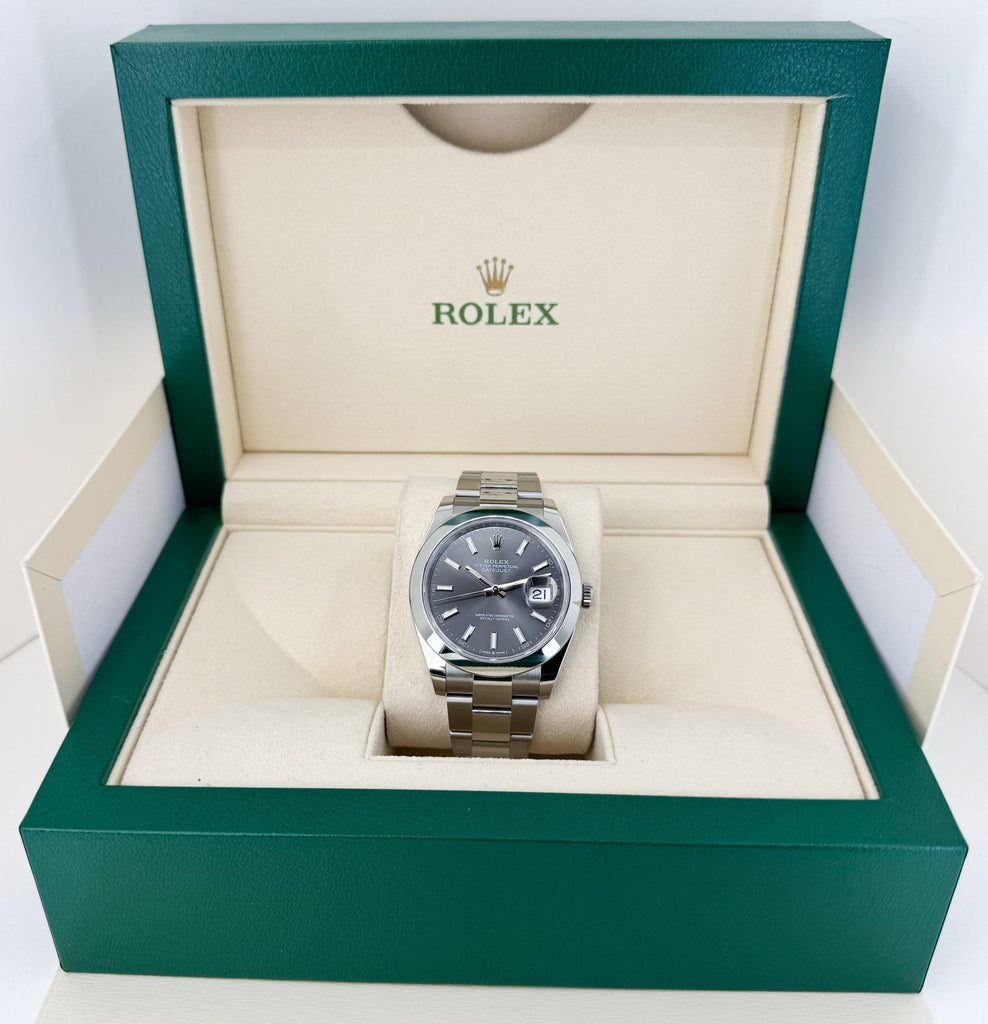 Rolex Datejust 41 Stainless Steel Dark Rhodium Index Dial Smooth Bezel Oyster Bracelet 126300 - Luxury Time NYC