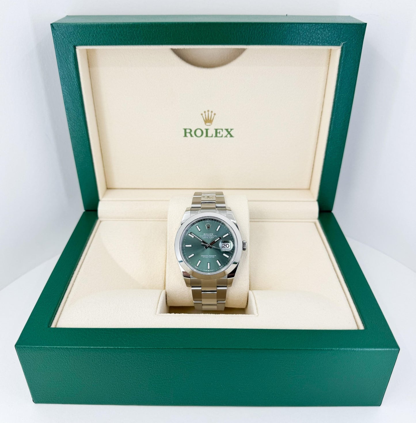Rolex Datejust 41 Stainless Steel Mint Green Index Dial Smooth Bezel Oyster Bracelet 126300 - Luxury Time NYC