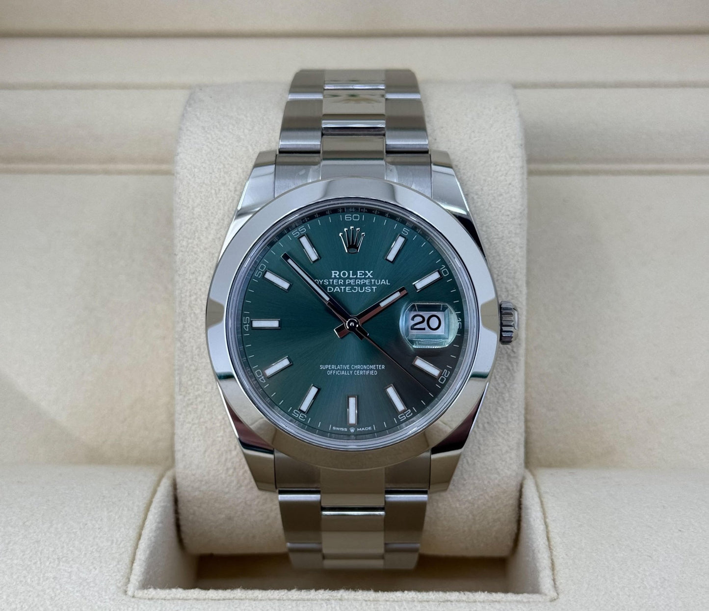 Rolex Datejust 41 Stainless Steel Mint Green Index Dial Smooth Bezel Oyster Bracelet 126300 - Luxury Time NYC