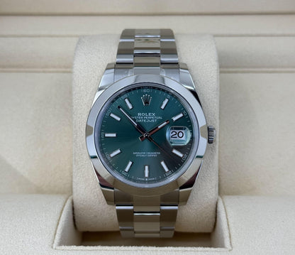 Rolex Datejust 41 Stainless Steel Mint Green Index Dial Smooth Bezel Oyster Bracelet 126300 - Luxury Time NYC