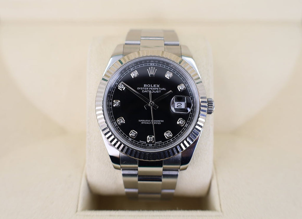 Rolex Datejust 41 White Gold/Steel Black Diamond Dial Fluted Bezel Oyster Bracelet 126334 - Luxury Time NYC