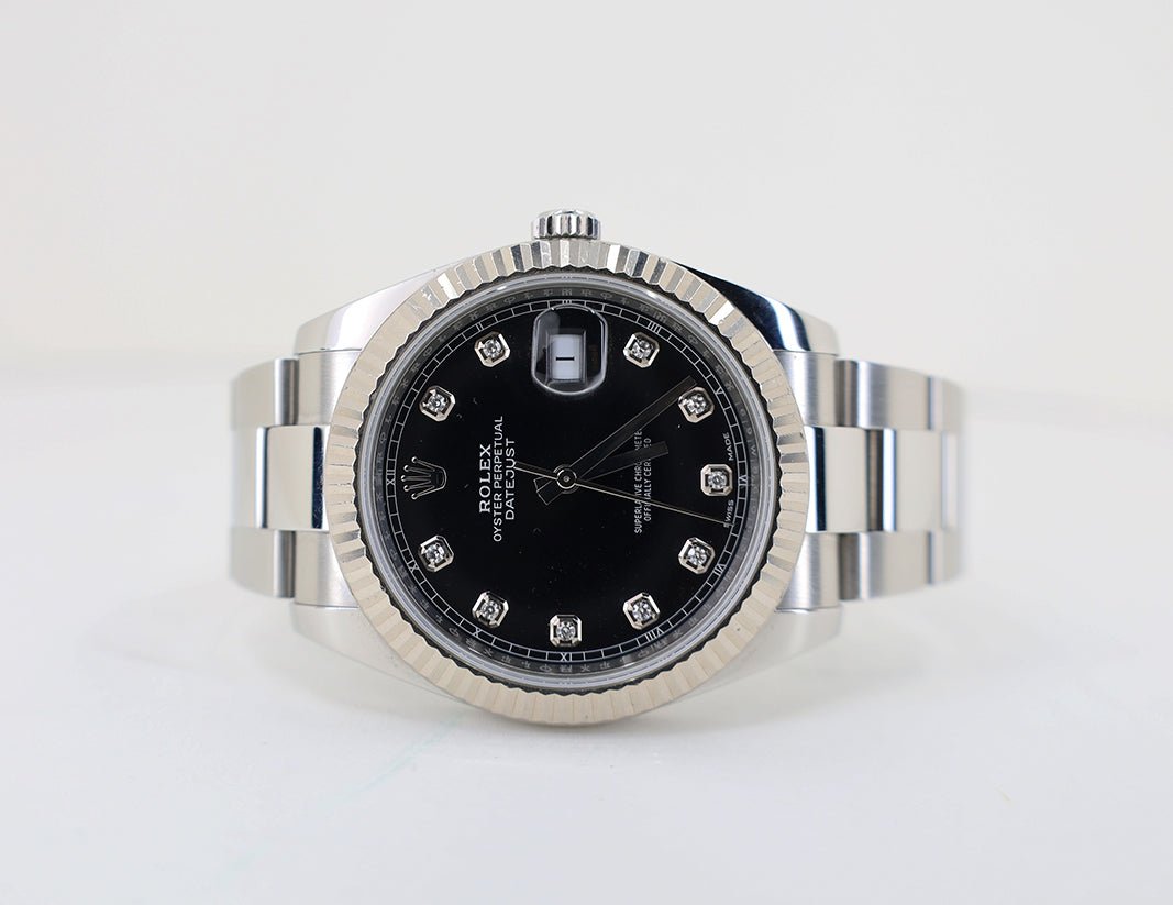Rolex Datejust 41 White Gold/Steel Black Diamond Dial Fluted Bezel Oyster Bracelet 126334 - Luxury Time NYC