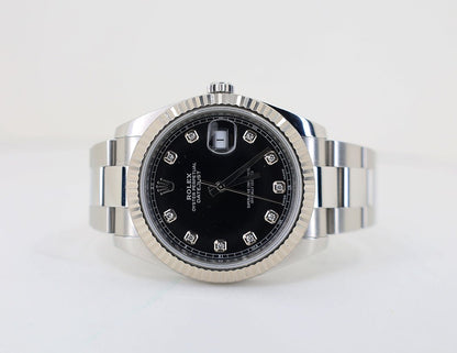 Rolex Datejust 41 White Gold/Steel Black Diamond Dial Fluted Bezel Oyster Bracelet 126334 - Luxury Time NYC
