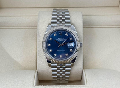 Rolex Datejust 41 White Gold/Steel Blue Diamond Dial Fluted Bezel Jubilee Bracelet 126334 - Luxury Time NYC