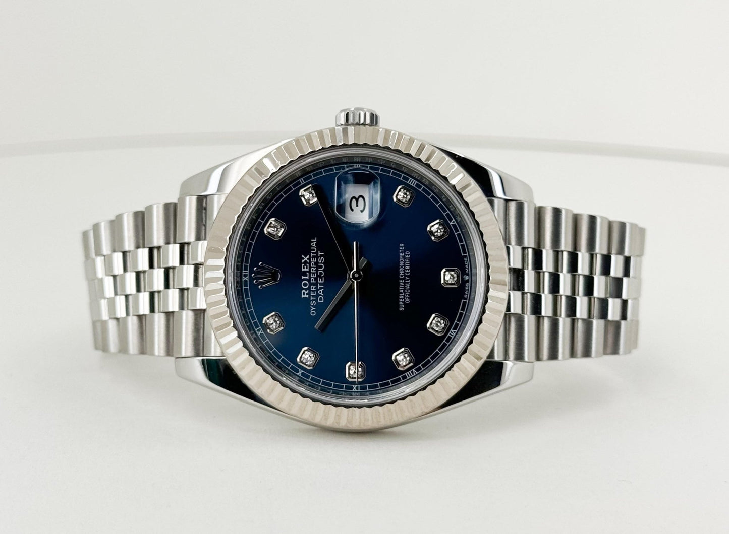 Rolex Datejust 41 White Gold/Steel Blue Diamond Dial Fluted Bezel Jubilee Bracelet 126334 - Luxury Time NYC