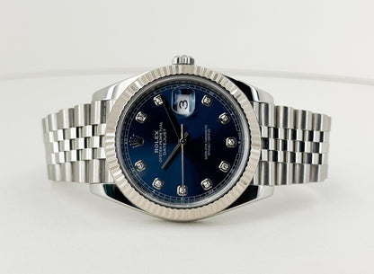 Rolex Datejust 41 White Gold/Steel Blue Diamond Dial Fluted Bezel Jubilee Bracelet 126334 - Luxury Time NYC