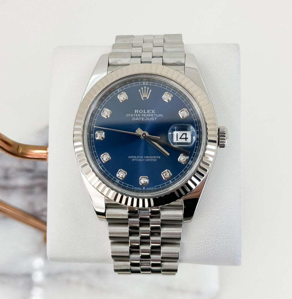 Rolex Datejust 41 White Gold/Steel Blue Diamond Dial Fluted Bezel Jubilee Bracelet 126334 - Luxury Time NYC