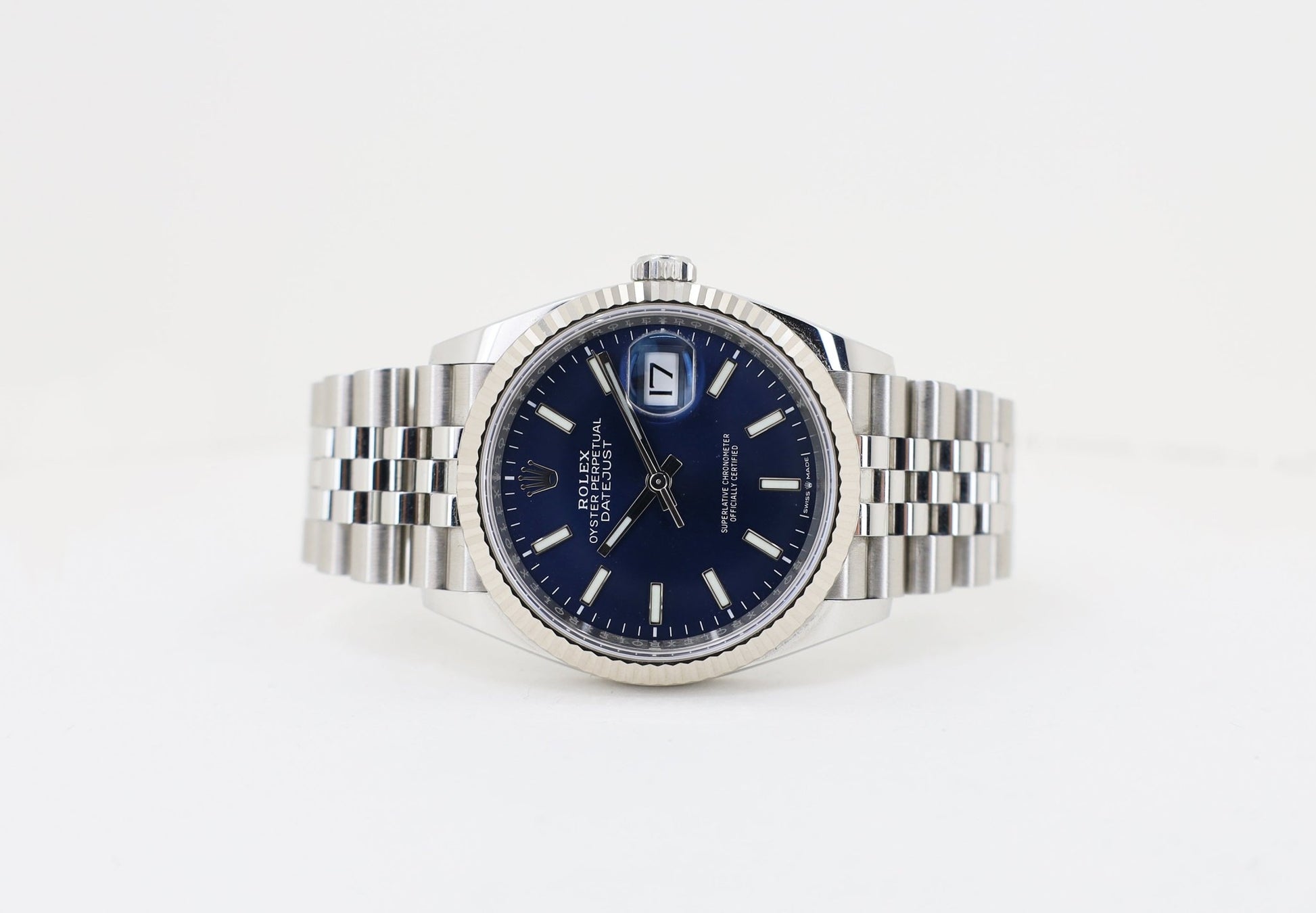 Rolex Datejust 41 White Gold/Steel Blue Index Dial Fluted Bezel Jubilee Bracelet 126334 - Luxury Time NYC