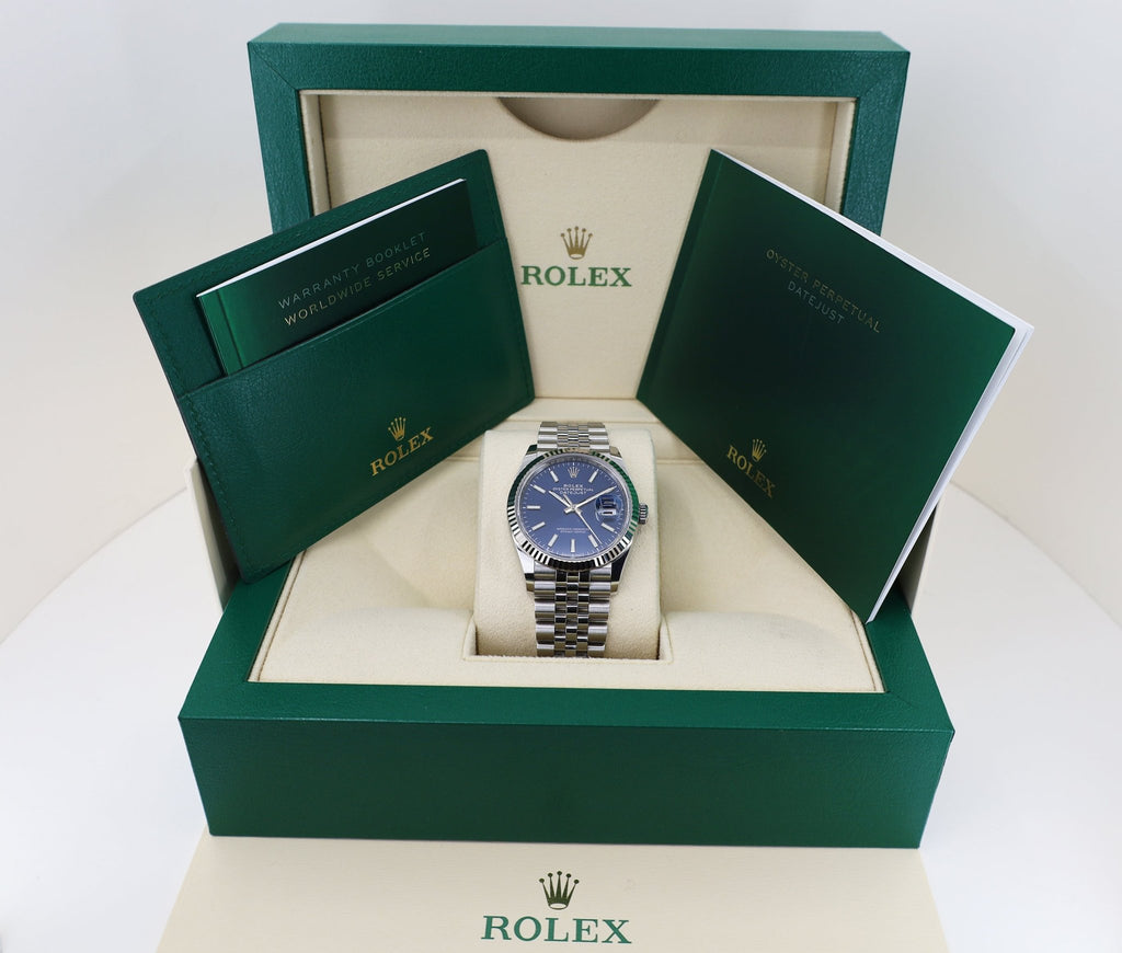 Rolex Datejust 41 White Gold/Steel Blue Index Dial Fluted Bezel Jubilee Bracelet 126334 - Luxury Time NYC