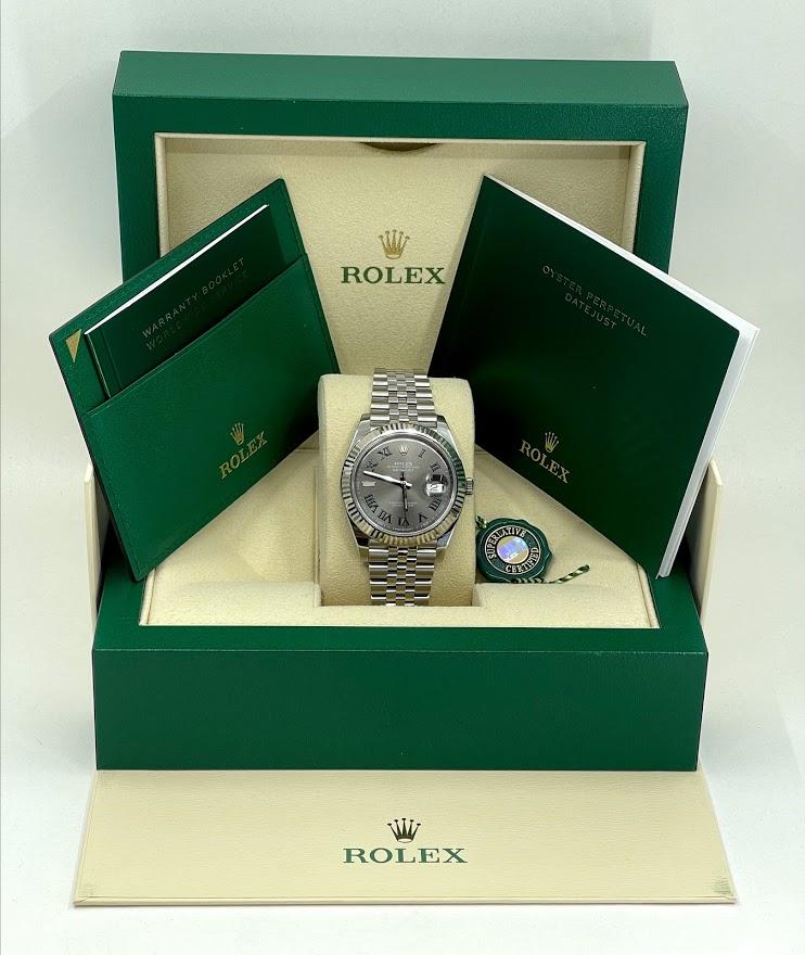 Rolex Datejust 41 White Gold/Steel Slate Roman Dial Fluted Bezel Jubilee Bracelet 126334 - Luxury Time NYC INC