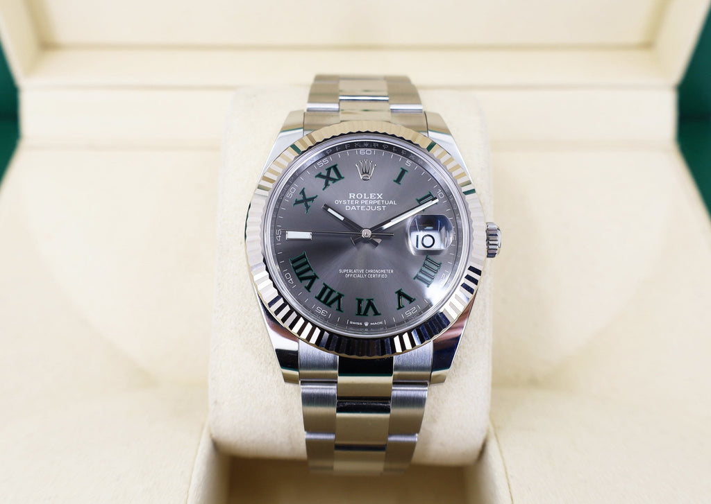 Rolex Datejust 41 White Gold/Steel Slate Roman Dial Fluted Bezel Oyster Bracelet 126334 - Luxury Time NYC