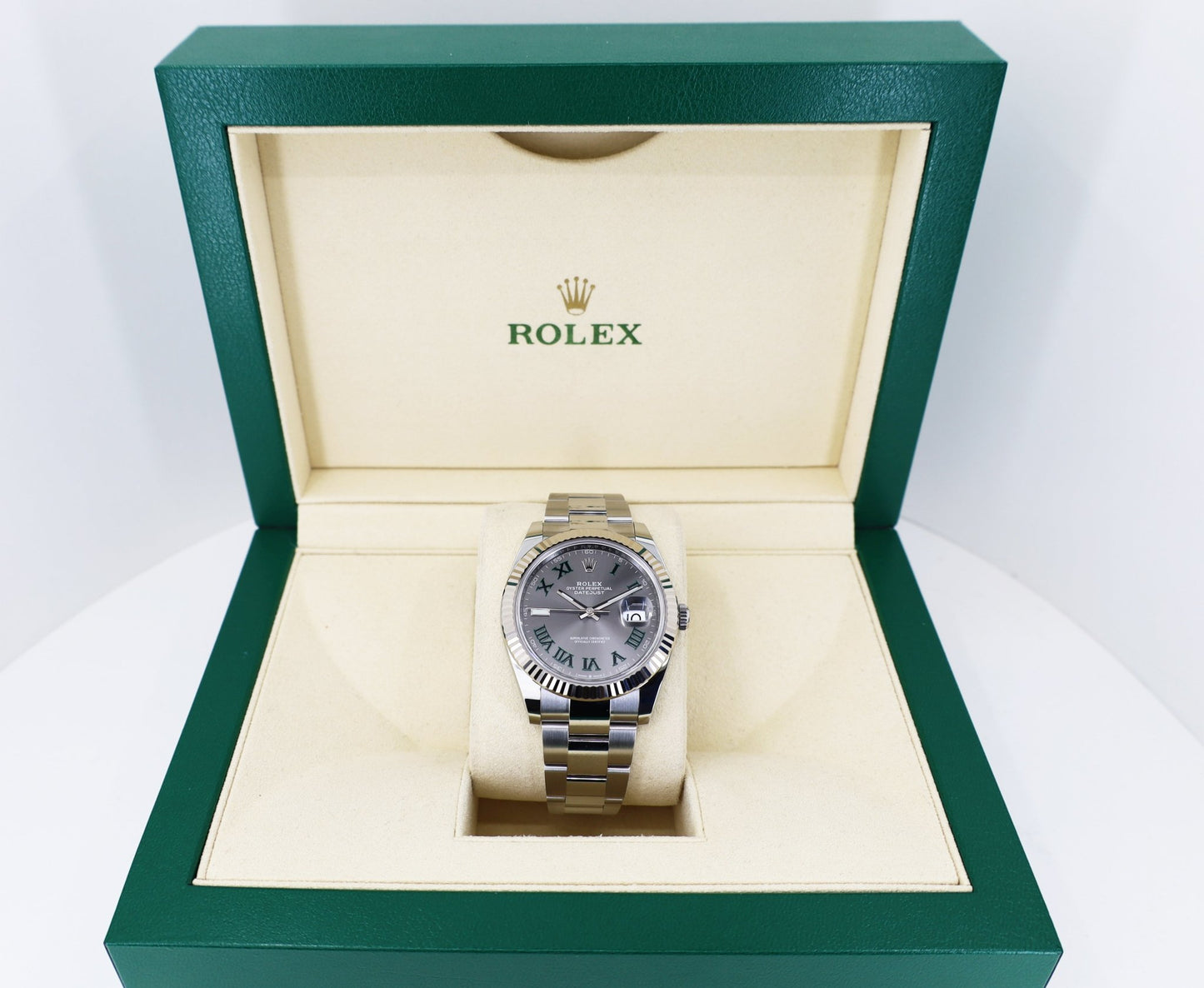 Rolex Datejust 41 White Gold/Steel Slate Roman Dial Fluted Bezel Oyster Bracelet 126334 - Luxury Time NYC