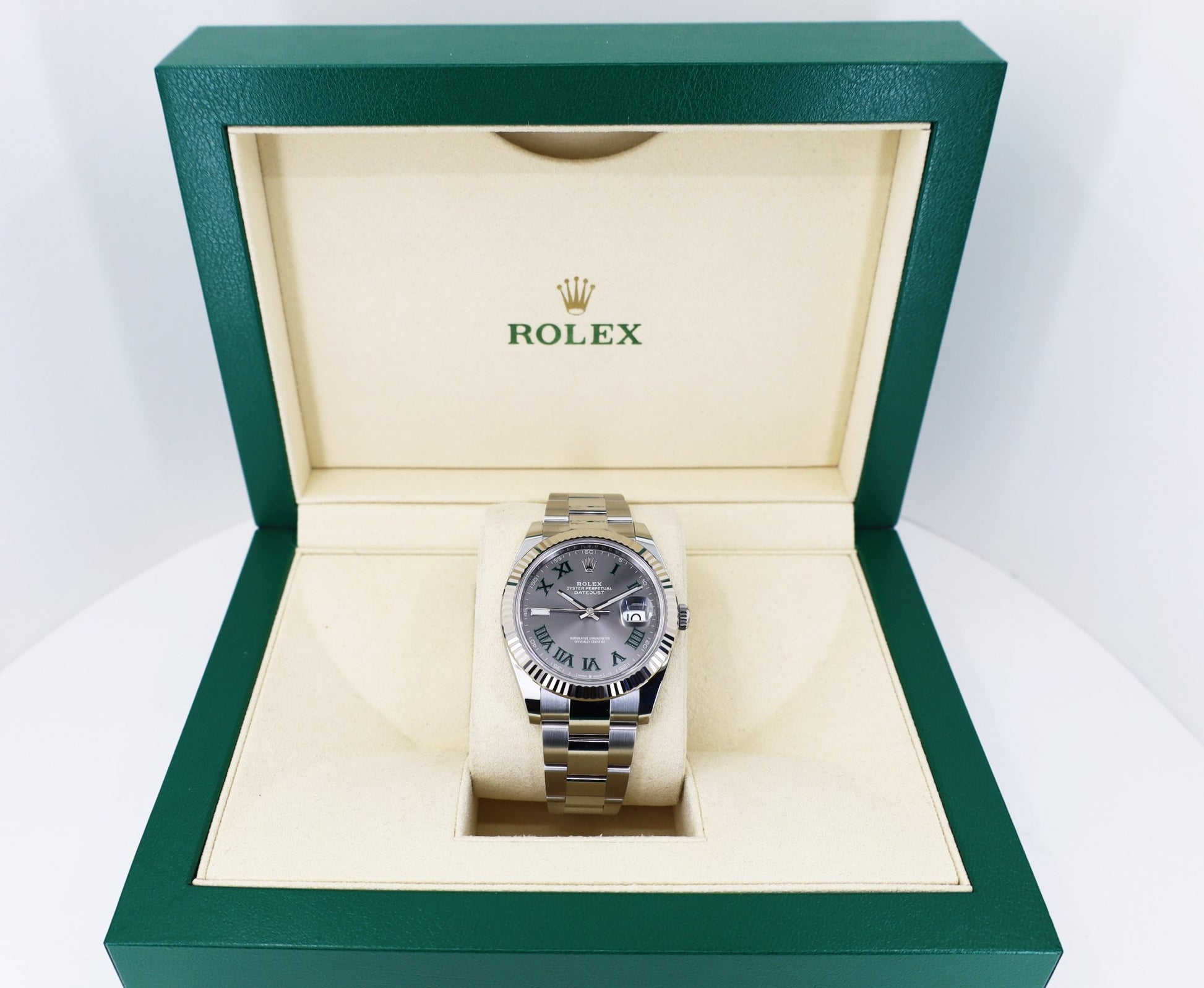 Rolex Datejust 41 White Gold/Steel Slate Roman Dial Fluted Bezel Oyster Bracelet 126334 - Luxury Time NYC