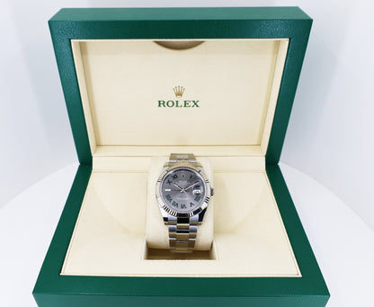Rolex Datejust 41 White Gold/Steel Slate Roman Dial Fluted Bezel Oyster Bracelet 126334 - Luxury Time NYC
