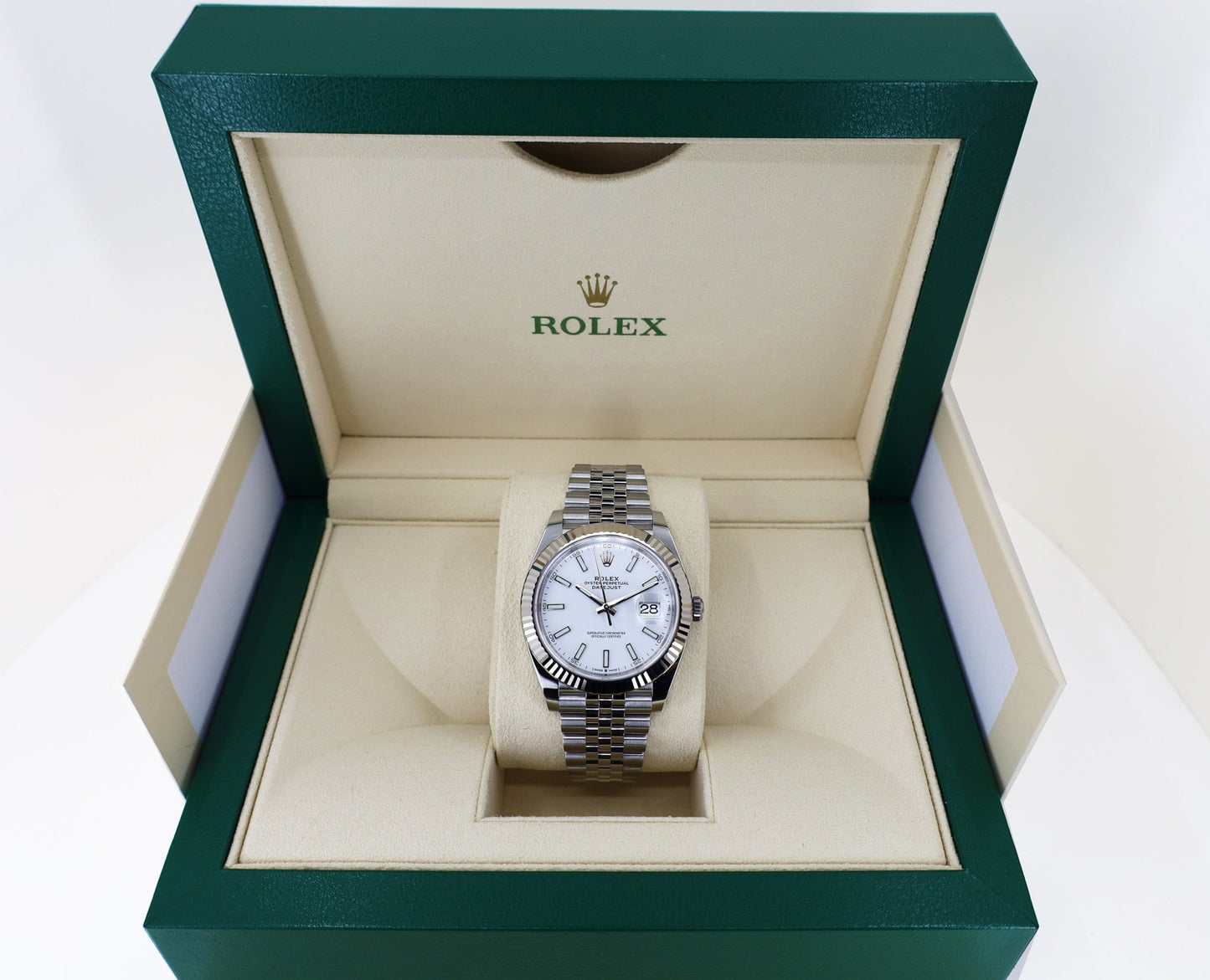 Rolex Datejust 41 White Gold/Steel White Index Dial Fluted Bezel Jubilee Bracelet 126334 - Luxury Time NYC