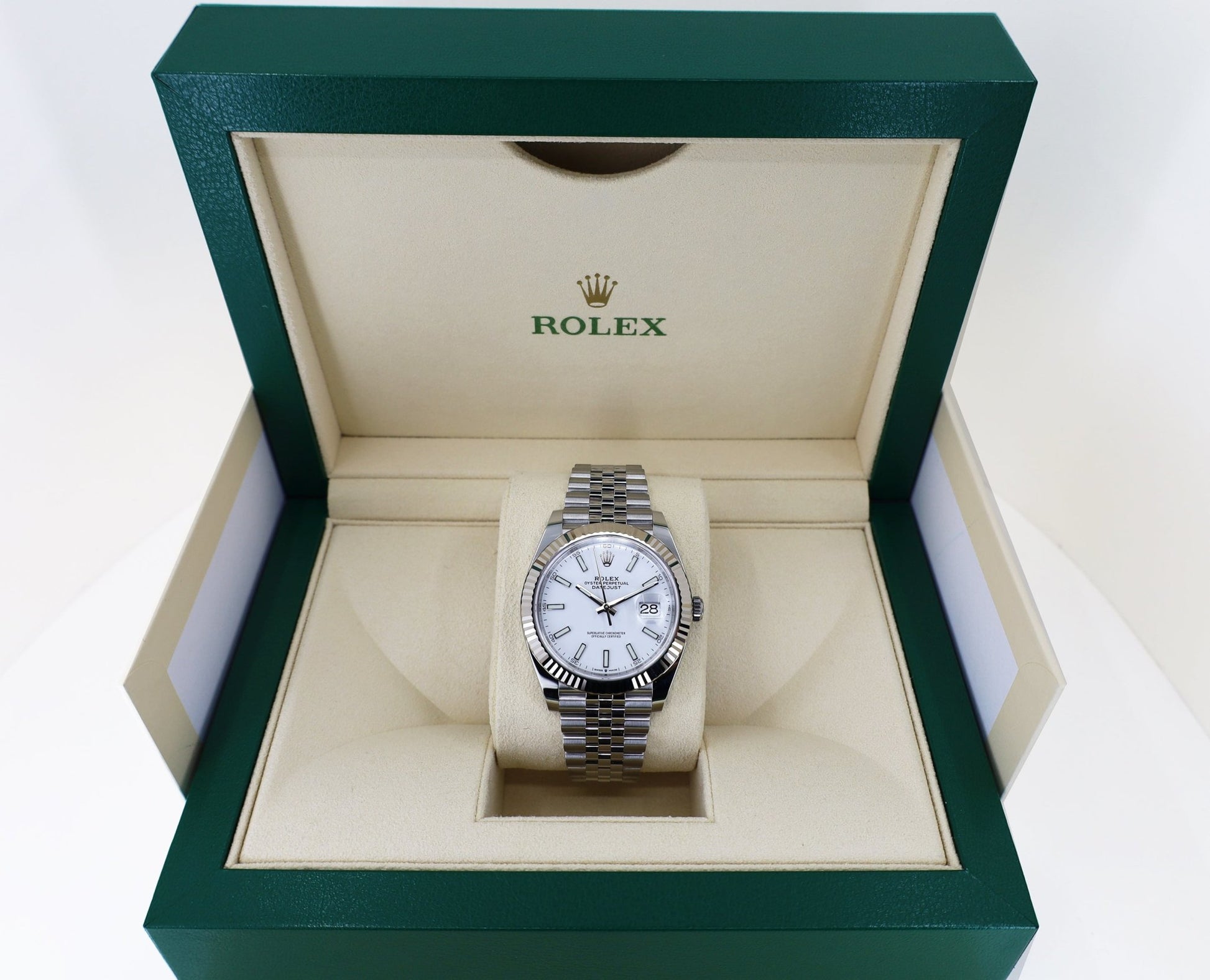 Rolex Datejust 41 White Gold/Steel White Index Dial Fluted Bezel Jubilee Bracelet 126334 - Luxury Time NYC