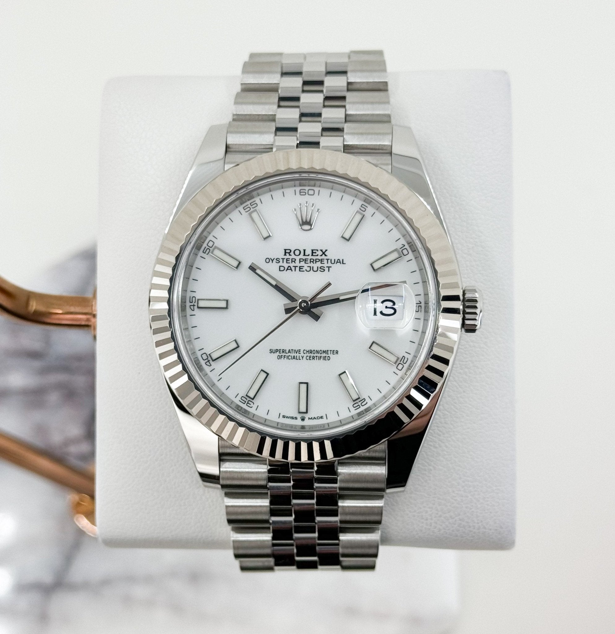 Rolex Datejust 41 White Gold/Steel White Index Dial Fluted Bezel Jubilee Bracelet 126334 - Luxury Time NYC