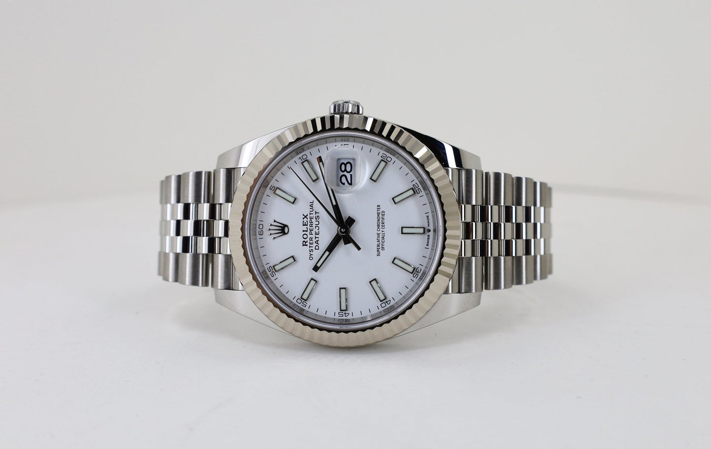 Rolex Datejust 41 White Gold/Steel White Index Dial Fluted Bezel Jubilee Bracelet 126334 - Luxury Time NYC
