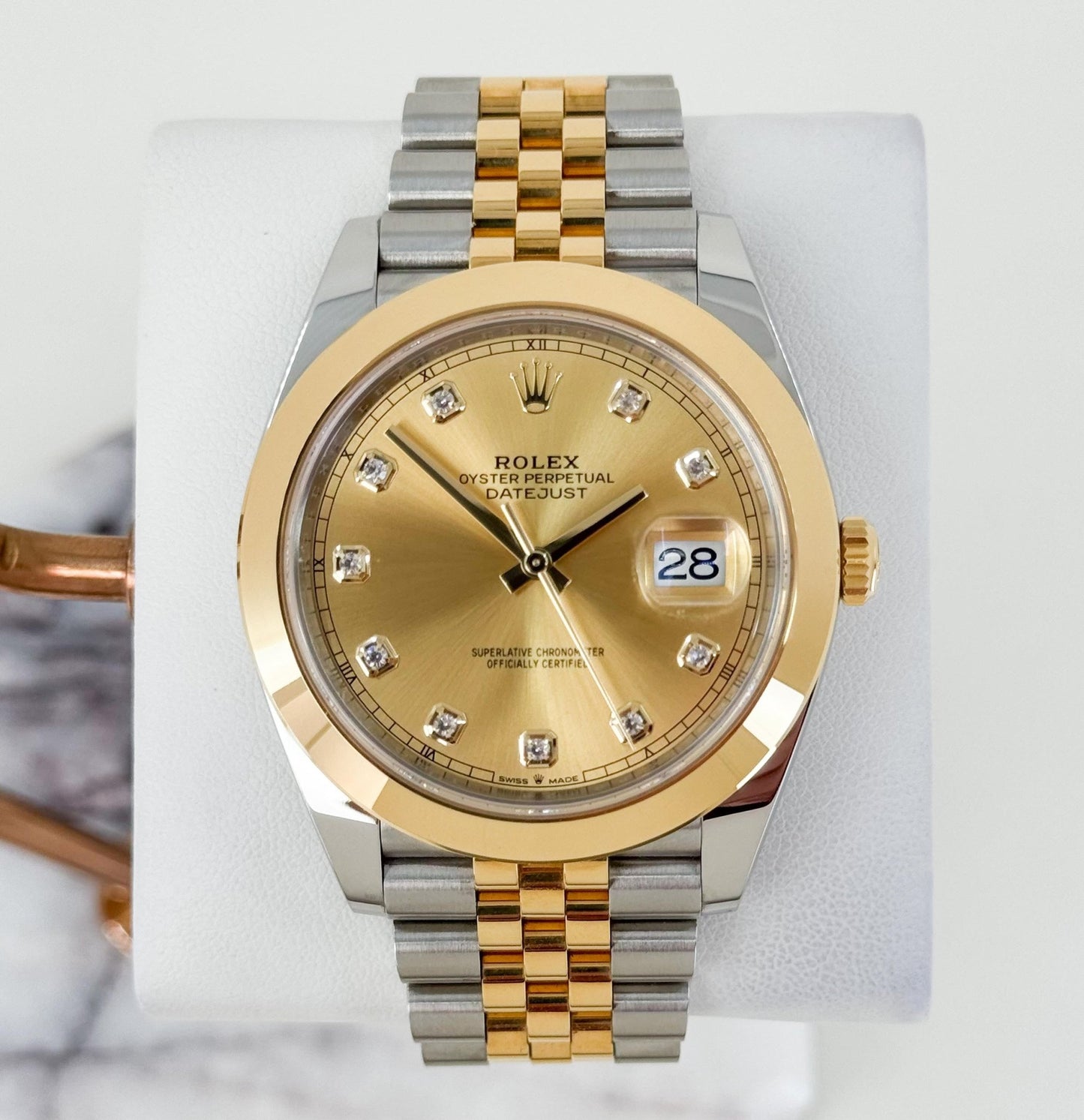 Rolex Datejust 41 Yellow Gold/Steel Champagne Diamond Dial Smooth Bezel Jubilee Bracelet 126303 - Luxury Time NYC