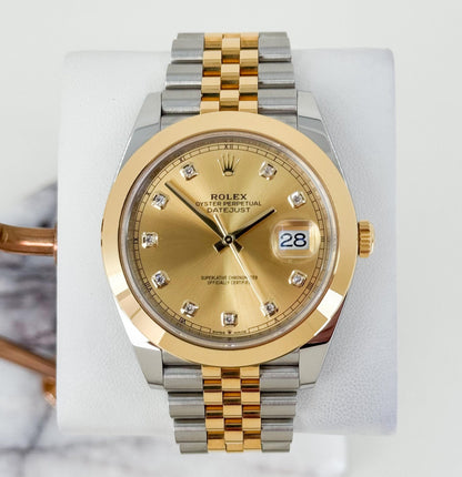 Rolex Datejust 41 Yellow Gold/Steel Champagne Diamond Dial Smooth Bezel Jubilee Bracelet 126303 - Luxury Time NYC