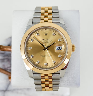 Rolex Datejust 41 Yellow Gold/Steel Champagne Diamond Dial Smooth Bezel Jubilee Bracelet 126303 - Luxury Time NYC