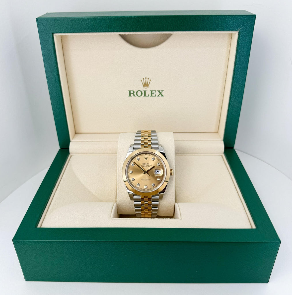 Rolex Datejust 41 Yellow Gold/Steel Champagne Diamond Dial Smooth Bezel Jubilee Bracelet 126303 - Luxury Time NYC