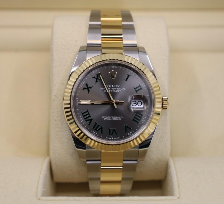 Rolex Datejust 41 Yellow Gold/Steel Slate Roman Dial Fluted Bezel Oyster Bracelet 126333 - Luxury Time NYC INC