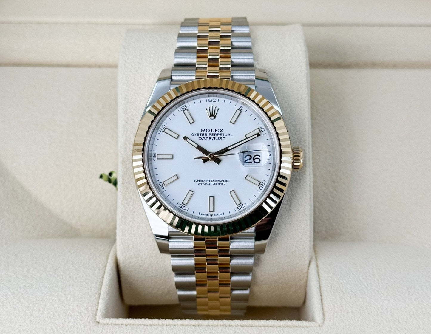 Rolex Datejust 41 Yellow Gold/Steel White Index Dial Fluted Bezel Jubilee Bracelet 126333 - Luxury Time NYC